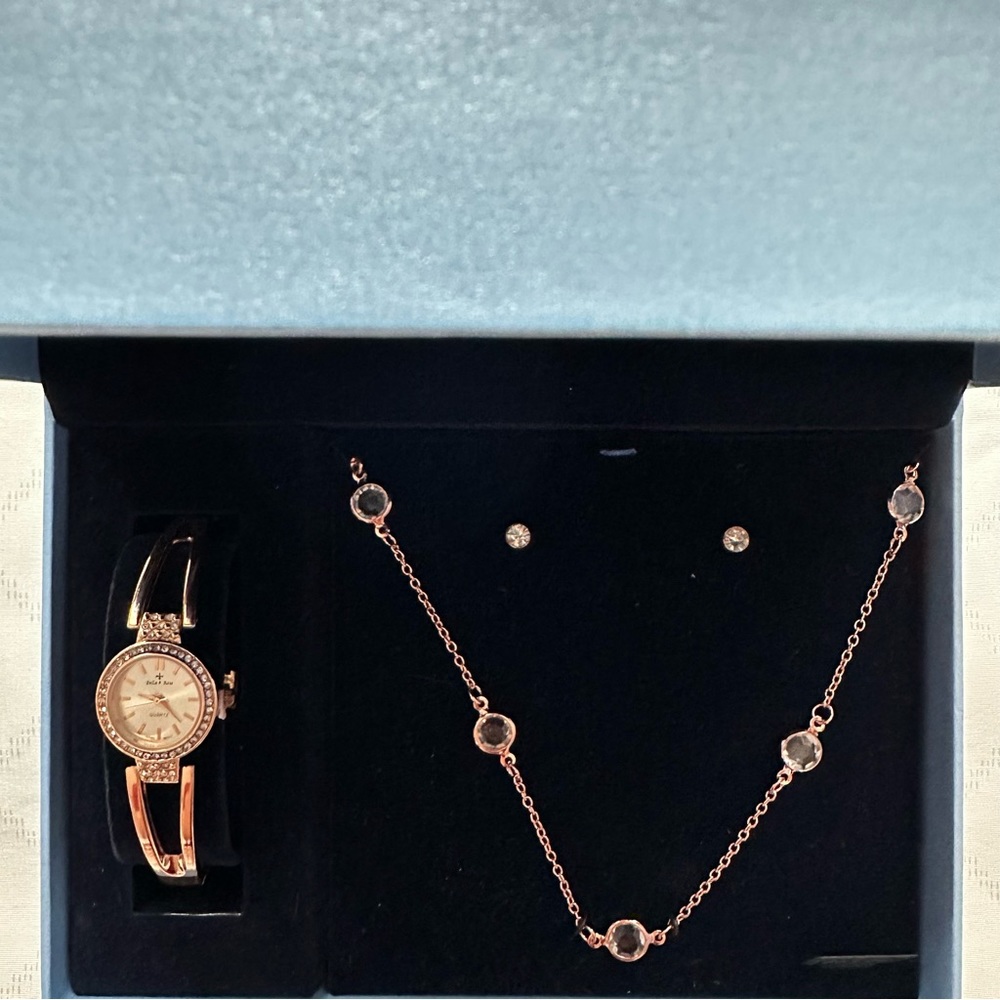 Bella & Rose Rose Gold Watch, Earrings, & Necklace Set (NWT)